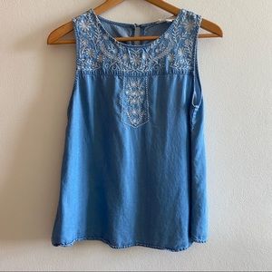 Boho Chic Embroidered Tank Top Faux Denim Color